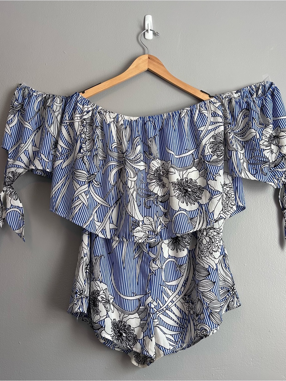 Kori Blue and White Floral Off-Shoulder Ruffle Romper